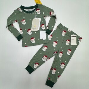 NEW Petit Lem Kids Holiday Santa Claus Print Pajama Set Green 12M Organic Cotton